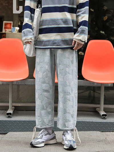 Rudens ikdienas rūtaini taisni džinsi vīriešiem Y2K Streetwear apdrukātas džinsa bikses 2024. gadā jaunas baggy, klasiskas platas kājas retro džinsu bikses