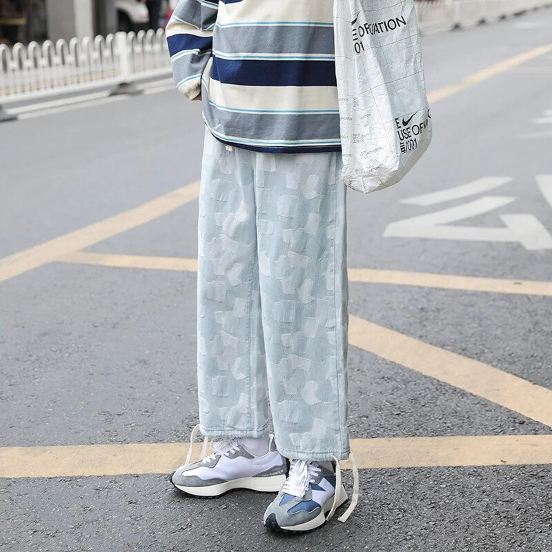 Rudens ikdienas rūtaini taisni džinsi vīriešiem Y2K Streetwear apdrukātas džinsa bikses 2024. gadā jaunas baggy, klasiskas platas kājas retro džinsu bikses