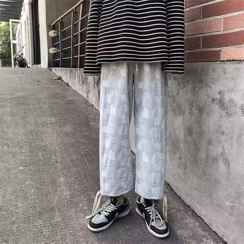 Rudens ikdienas rūtaini taisni džinsi vīriešiem Y2K Streetwear apdrukātas džinsa bikses 2024. gadā jaunas baggy, klasiskas platas kājas retro džinsu bikses