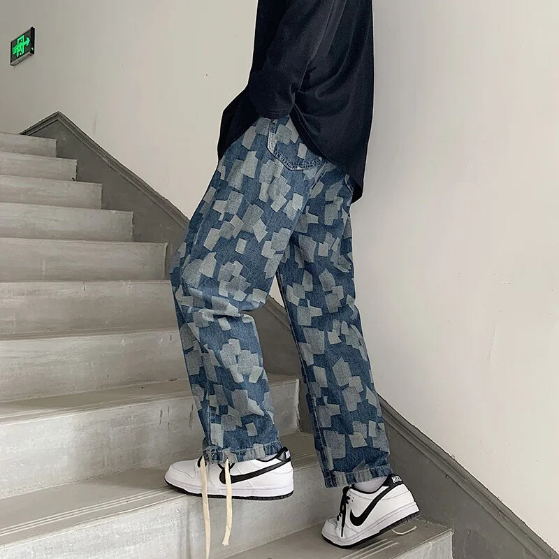 Rudens ikdienas rūtaini taisni džinsi vīriešiem Y2K Streetwear apdrukātas džinsa bikses 2024. gadā jaunas baggy, klasiskas platas kājas retro džinsu bikses