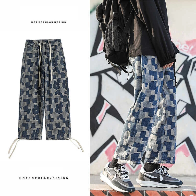 Rudens ikdienas rūtaini taisni džinsi vīriešiem Y2K Streetwear apdrukātas džinsa bikses 2024. gadā jaunas baggy, klasiskas platas kājas retro džinsu bikses