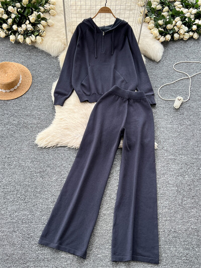 SINGREINY korea stiilis vabaaja ülikonnad naiste pikkade varrukatega avarad kapuutsid + elastne vöökoht laiad sääred püksid sügise kootud kampsuni komplektid