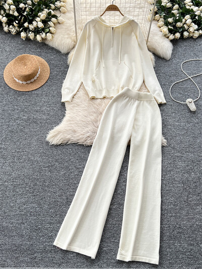 SINGREINY korea stiilis vabaaja ülikonnad naiste pikkade varrukatega avarad kapuutsid + elastne vöökoht laiad sääred püksid sügise kootud kampsuni komplektid