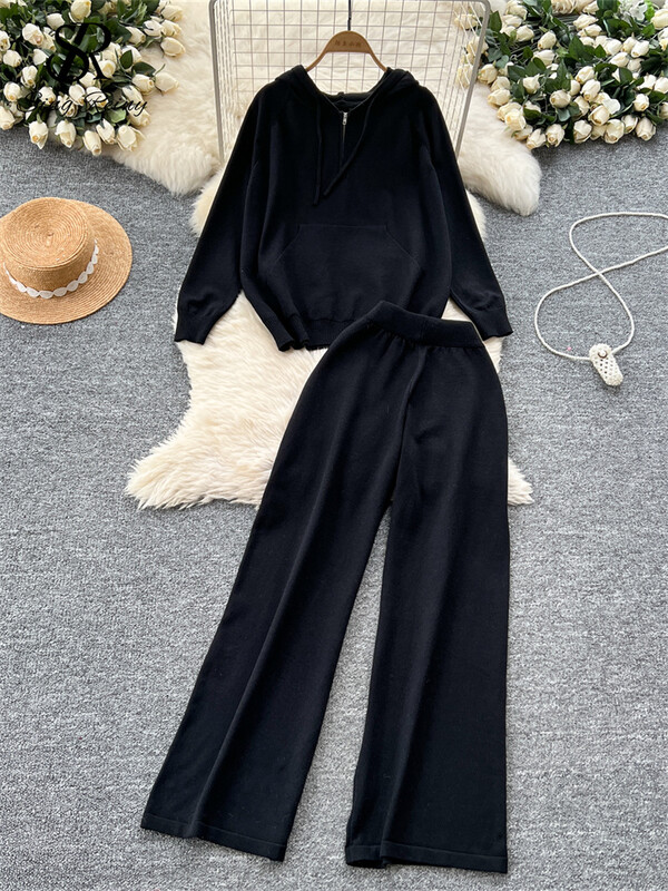 SINGREINY korea stiilis vabaaja ülikonnad naiste pikkade varrukatega avarad kapuutsid + elastne vöökoht laiad sääred püksid sügise kootud kampsuni komplektid