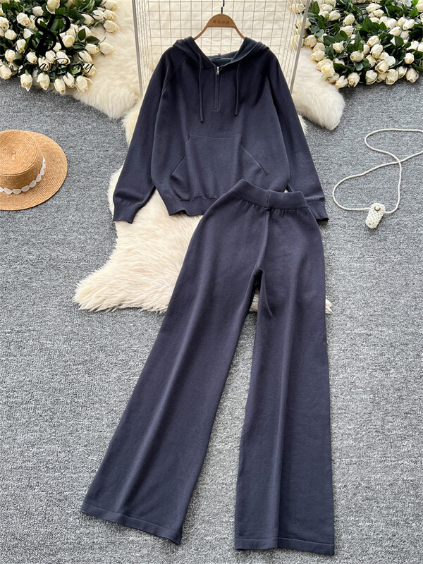 SINGREINY korea stiilis vabaaja ülikonnad naiste pikkade varrukatega avarad kapuutsid + elastne vöökoht laiad sääred püksid sügise kootud kampsuni komplektid