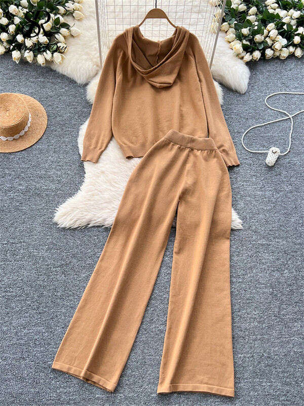 SINGREINY korea stiilis vabaaja ülikonnad naiste pikkade varrukatega avarad kapuutsid + elastne vöökoht laiad sääred püksid sügise kootud kampsuni komplektid