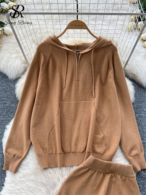 SINGREINY korea stiilis vabaaja ülikonnad naiste pikkade varrukatega avarad kapuutsid + elastne vöökoht laiad sääred püksid sügise kootud kampsuni komplektid