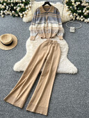 SINGREINY rudens trikotāžas silti kostīmi dāmām ar atloku svītru krāsu bloku topi+augstu vidukli, platas kājas garas bikses korejiešu dizaina retro komplekti