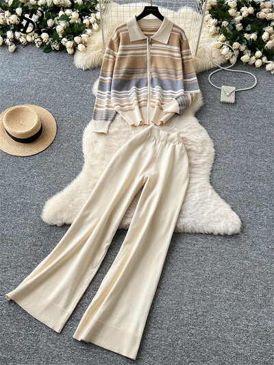 SINGREINY rudens trikotāžas silti kostīmi dāmām ar atloku svītru krāsu bloku topi+augstu vidukli, platas kājas garas bikses korejiešu dizaina retro komplekti