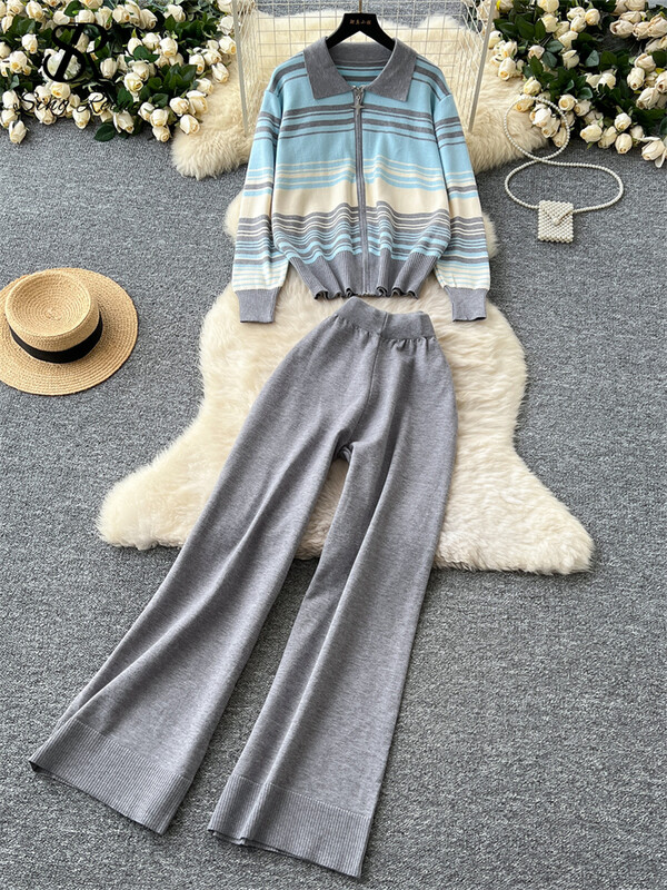 SINGREINY rudens trikotāžas silti kostīmi dāmām ar atloku svītru krāsu bloku topi+augstu vidukli, platas kājas garas bikses korejiešu dizaina retro komplekti