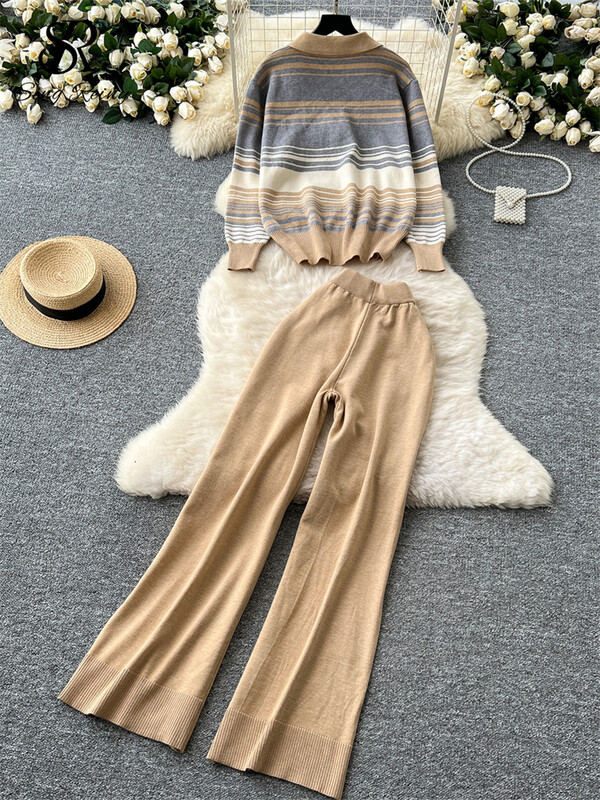 SINGREINY rudens trikotāžas silti kostīmi dāmām ar atloku svītru krāsu bloku topi+augstu vidukli, platas kājas garas bikses korejiešu dizaina retro komplekti
