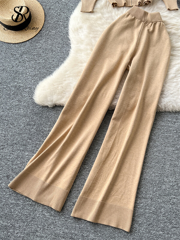 SINGREINY rudens trikotāžas silti kostīmi dāmām ar atloku svītru krāsu bloku topi+augstu vidukli, platas kājas garas bikses korejiešu dizaina retro komplekti