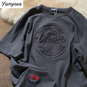 Amerikāņu vintage T-krekls ar reljefu burtiem vīriešiem Sieviešu vasaras lielizmēra ielas apģērbs unisex Cityboy ikdienas tops ar īsām piedurknēm ar O veida izgriezumu