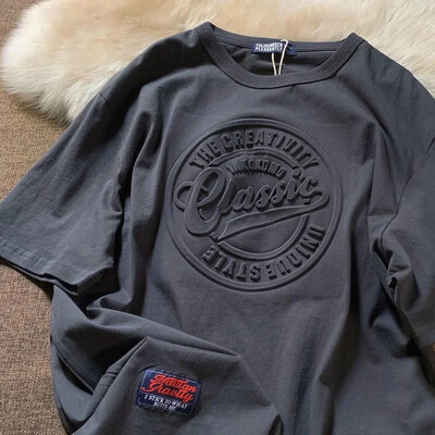 Amerikāņu vintage T-krekls ar reljefu burtiem vīriešiem Sieviešu vasaras lielizmēra ielas apģērbs unisex Cityboy ikdienas tops ar īsām piedurknēm ar O veida izgriezumu