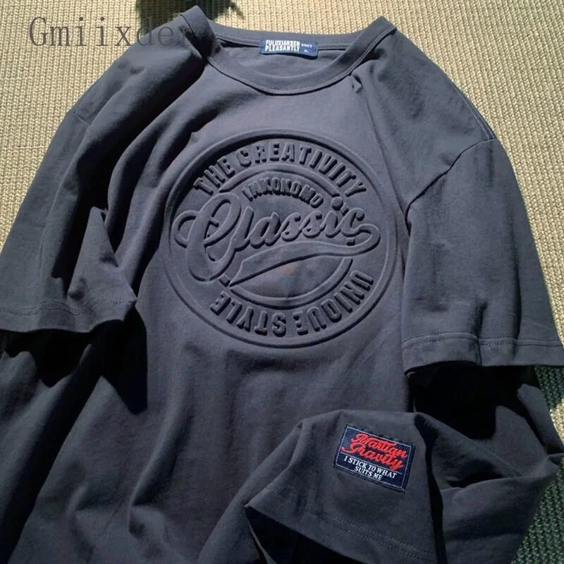 Amerikāņu vintage T-krekls ar reljefu burtiem vīriešiem Sieviešu vasaras lielizmēra ielas apģērbs unisex Cityboy ikdienas tops ar īsām piedurknēm ar O veida izgriezumu