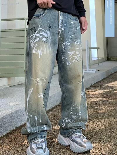 Uued graffititrükiga kottis teksad meestele Y2K vintage distressed sinised Harajuku teksapüksid High Street sirge säärega teksapüksid