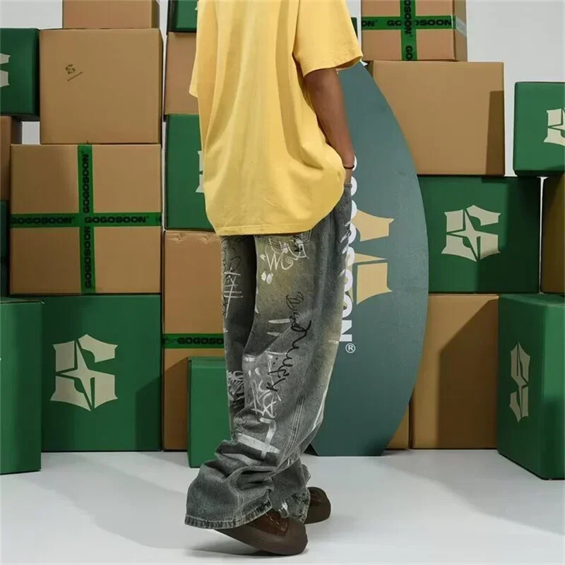 Uued graffititrükiga kottis teksad meestele Y2K vintage distressed sinised Harajuku teksapüksid High Street sirge säärega teksapüksid
