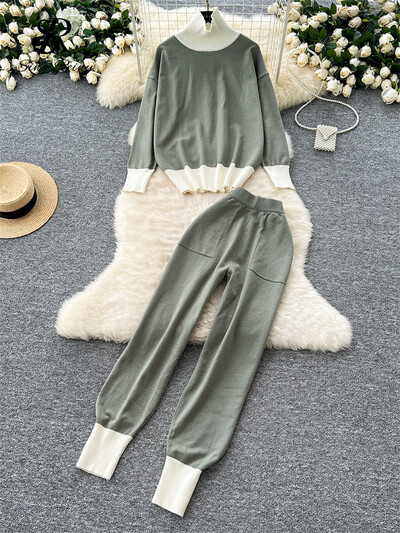 SINGREINY sügismood vintage ülikonnad naiste kilpkonnaga kudumine pullover + elastne vöökoht pikad püksid Korea stiilis šikid vabaaja komplektid