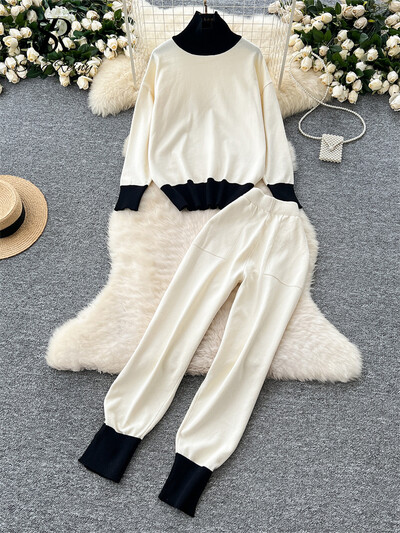 SINGREINY sügismood vintage ülikonnad naiste kilpkonnaga kudumine pullover + elastne vöökoht pikad püksid Korea stiilis šikid vabaaja komplektid