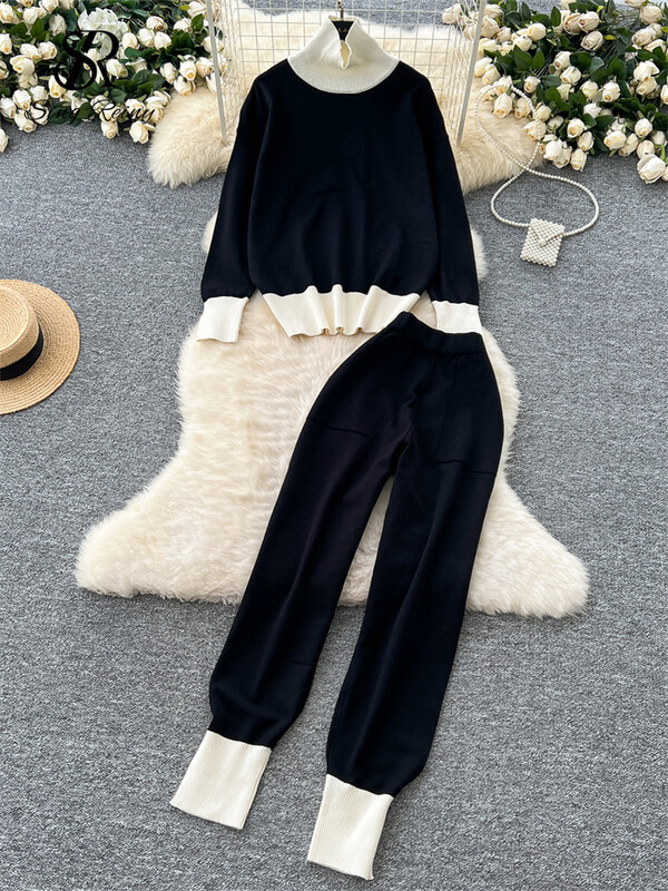 SINGREINY sügismood vintage ülikonnad naiste kilpkonnaga kudumine pullover + elastne vöökoht pikad püksid Korea stiilis šikid vabaaja komplektid