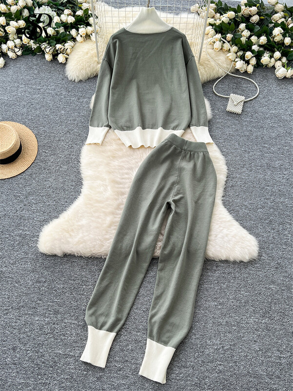 SINGREINY sügismood vintage ülikonnad naiste kilpkonnaga kudumine pullover + elastne vöökoht pikad püksid Korea stiilis šikid vabaaja komplektid