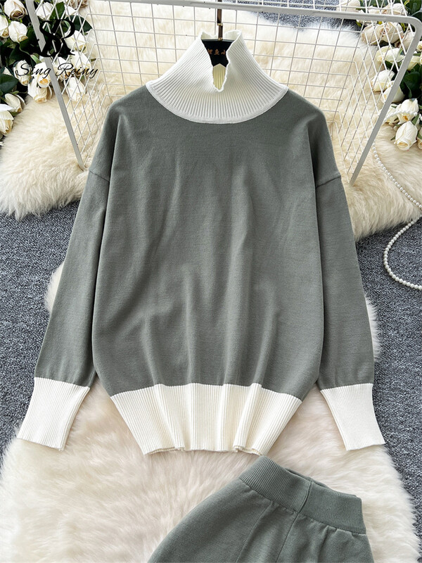 SINGREINY sügismood vintage ülikonnad naiste kilpkonnaga kudumine pullover + elastne vöökoht pikad püksid Korea stiilis šikid vabaaja komplektid