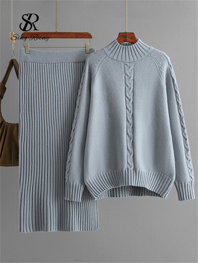 SINGREINY talvemood, soojad paksud naiste ülikonnad, lahtised kootud pulloverid+elastne vöökoht pikk seelik vabaaja kodurõivad 2tk komplektid