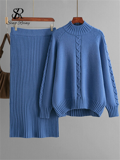 SINGREINY talvemood, soojad paksud naiste ülikonnad, lahtised kootud pulloverid+elastne vöökoht pikk seelik vabaaja kodurõivad 2tk komplektid