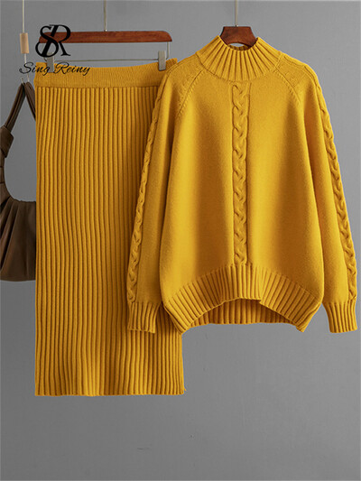 SINGREINY talvemood, soojad paksud naiste ülikonnad, lahtised kootud pulloverid+elastne vöökoht pikk seelik vabaaja kodurõivad 2tk komplektid