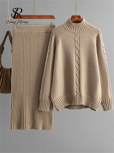 SINGREINY talvemood, soojad paksud naiste ülikonnad, lahtised kootud pulloverid+elastne vöökoht pikk seelik vabaaja kodurõivad 2tk komplektid