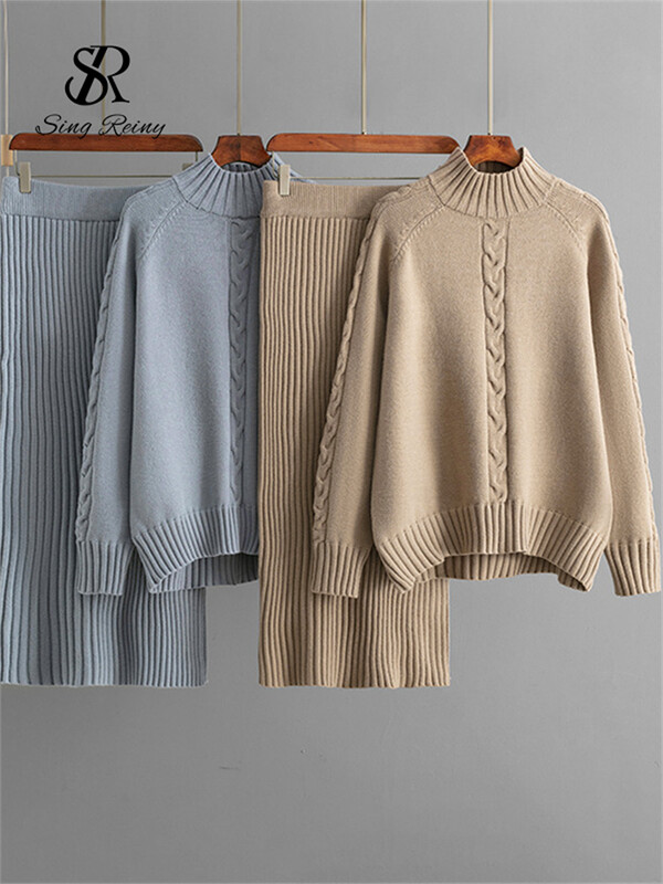 SINGREINY talvemood, soojad paksud naiste ülikonnad, lahtised kootud pulloverid+elastne vöökoht pikk seelik vabaaja kodurõivad 2tk komplektid