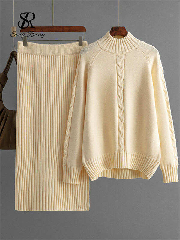 SINGREINY talvemood, soojad paksud naiste ülikonnad, lahtised kootud pulloverid+elastne vöökoht pikk seelik vabaaja kodurõivad 2tk komplektid