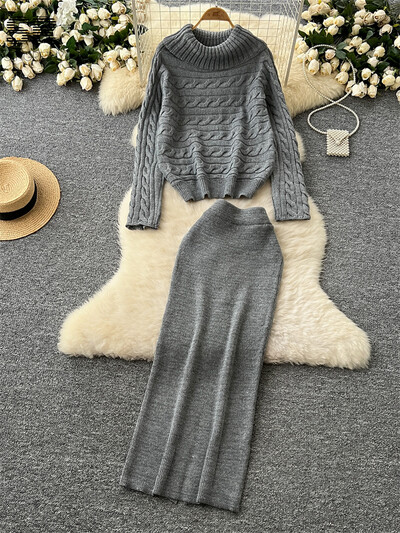SINGREINY ziemas biezs džemperis, divdaļīgs uzvalks ar garām piedurknēm bruņurupuču džemperis + sadalīti svārki, solīdi sieviešu modes silti komplekti