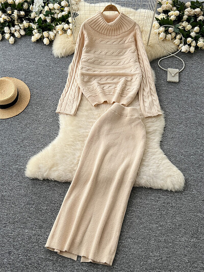 SINGREINY ziemas biezs džemperis, divdaļīgs uzvalks ar garām piedurknēm bruņurupuču džemperis + sadalīti svārki, solīdi sieviešu modes silti komplekti