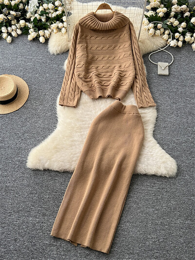 SINGREINY ziemas biezs džemperis, divdaļīgs uzvalks ar garām piedurknēm bruņurupuču džemperis + sadalīti svārki, solīdi sieviešu modes silti komplekti