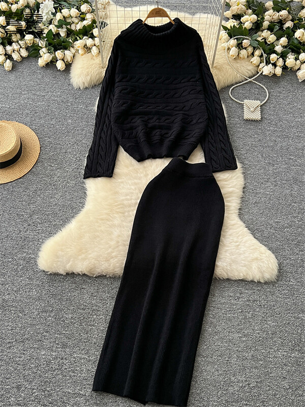 SINGREINY ziemas biezs džemperis, divdaļīgs uzvalks ar garām piedurknēm bruņurupuču džemperis + sadalīti svārki, solīdi sieviešu modes silti komplekti