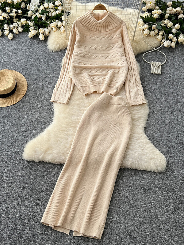 SINGREINY ziemas biezs džemperis, divdaļīgs uzvalks ar garām piedurknēm bruņurupuču džemperis + sadalīti svārki, solīdi sieviešu modes silti komplekti