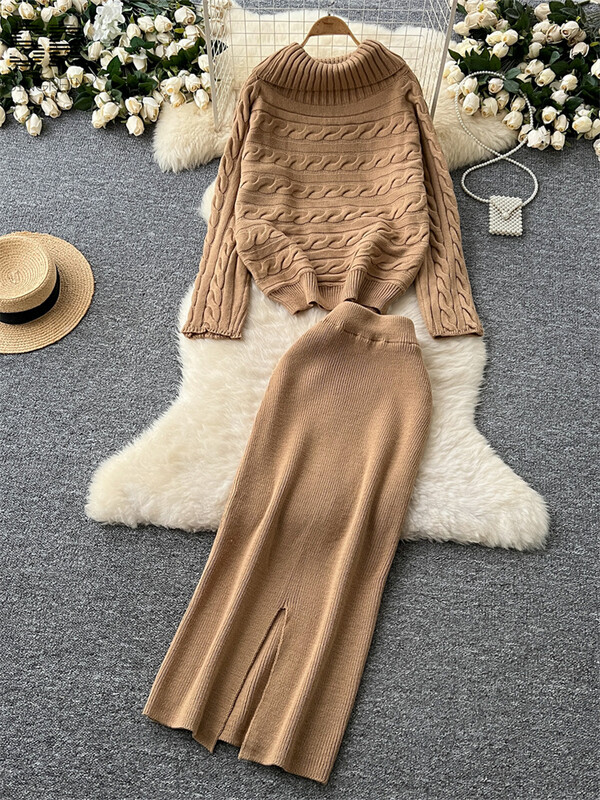 SINGREINY ziemas biezs džemperis, divdaļīgs uzvalks ar garām piedurknēm bruņurupuču džemperis + sadalīti svārki, solīdi sieviešu modes silti komplekti