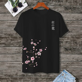 Apģērbs ar ķiršu ziedu rakstu, vīriešu modes tops ar īsām piedurknēm, japāņu ielas T-krekls ar O veida kakla izgriezumu, vasara