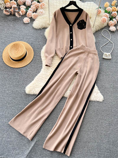 SINGREINY OL Ziedu divdaļīgs trikotāžas komplekts Sievietēm ar garām piedurknēm Modes jaciņa Elastīgs viduklis Ikdienas ziemas džemperis, garas bikses, uzvalks