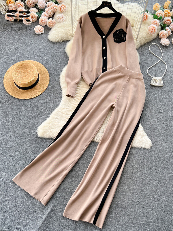 SINGREINY OL Ziedu divdaļīgs trikotāžas komplekts Sievietēm ar garām piedurknēm Modes jaciņa Elastīgs viduklis Ikdienas ziemas džemperis, garas bikses, uzvalks