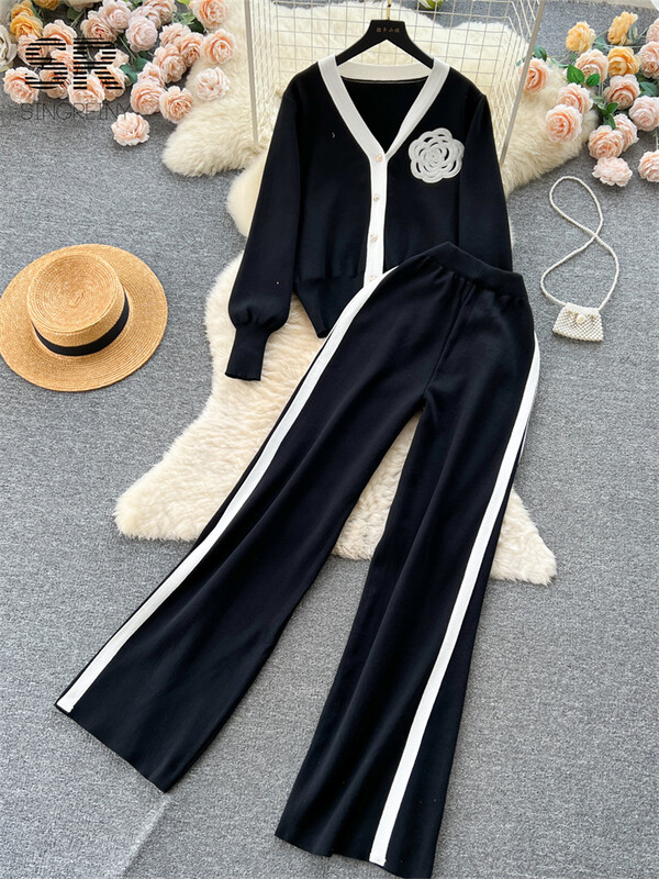 SINGREINY OL Ziedu divdaļīgs trikotāžas komplekts Sievietēm ar garām piedurknēm Modes jaciņa Elastīgs viduklis Ikdienas ziemas džemperis, garas bikses, uzvalks