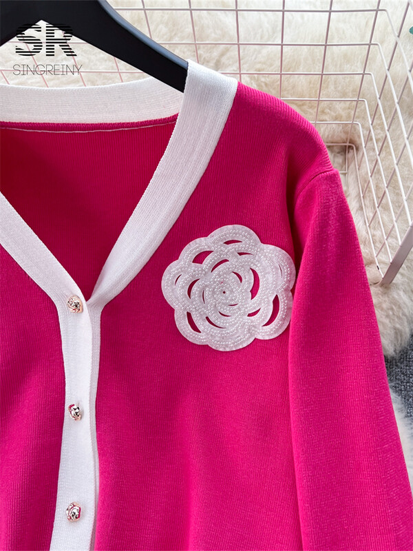 SINGREINY OL Ziedu divdaļīgs trikotāžas komplekts Sievietēm ar garām piedurknēm Modes jaciņa Elastīgs viduklis Ikdienas ziemas džemperis, garas bikses, uzvalks