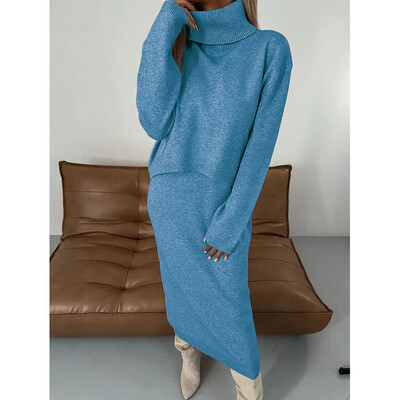 Rudens ziemas modes trikotāžas divdaļīgs komplekts sievietēm ikdienišķs viengabalains trikotāžas krekls ar augstu apkakli svārki divdaļīgs sieviešu komplekts