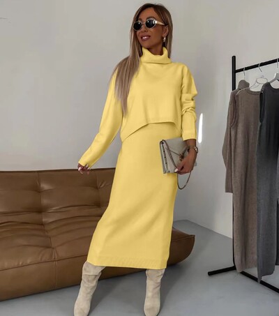 Rudens ziemas modes trikotāžas divdaļīgs komplekts sievietēm ikdienišķs viengabalains trikotāžas krekls ar augstu apkakli svārki divdaļīgs sieviešu komplekts