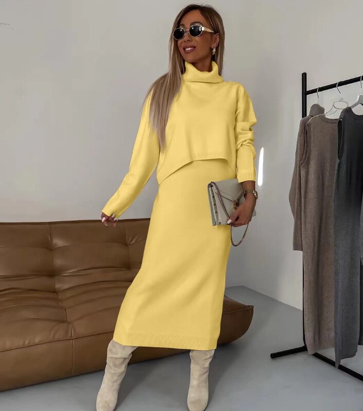 Rudens ziemas modes trikotāžas divdaļīgs komplekts sievietēm ikdienišķs viengabalains trikotāžas krekls ar augstu apkakli svārki divdaļīgs sieviešu komplekts