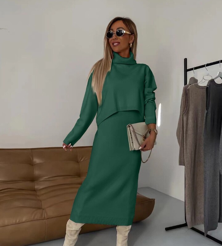 Rudens ziemas modes trikotāžas divdaļīgs komplekts sievietēm ikdienišķs viengabalains trikotāžas krekls ar augstu apkakli svārki divdaļīgs sieviešu komplekts