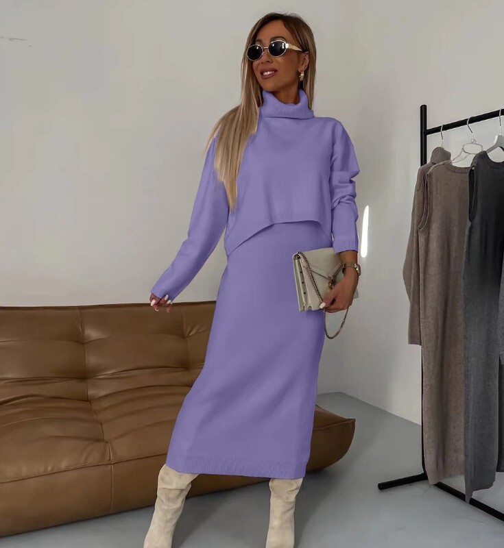 Rudens ziemas modes trikotāžas divdaļīgs komplekts sievietēm ikdienišķs viengabalains trikotāžas krekls ar augstu apkakli svārki divdaļīgs sieviešu komplekts