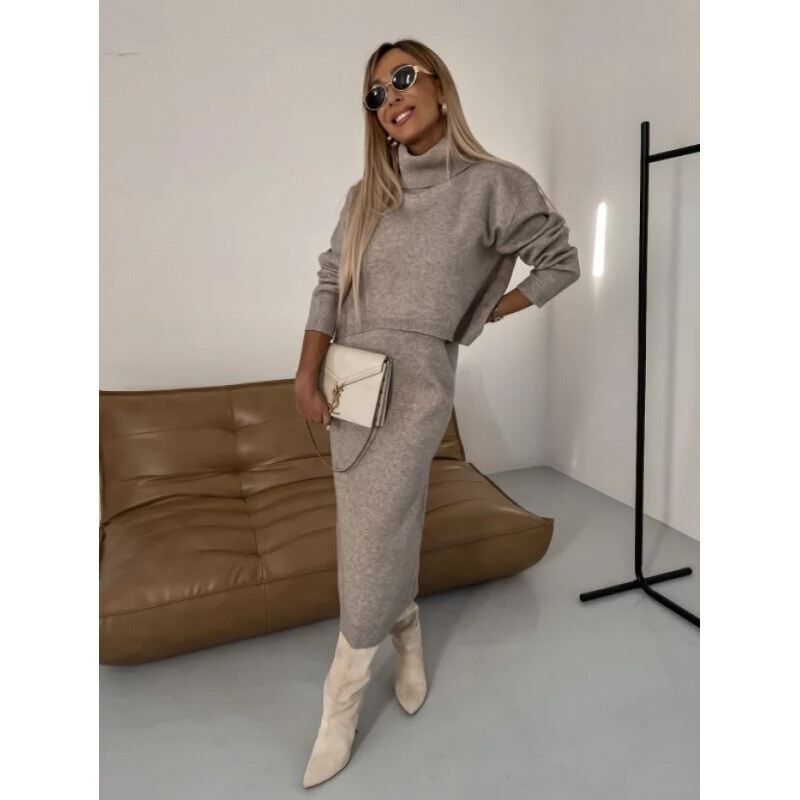 Rudens ziemas modes trikotāžas divdaļīgs komplekts sievietēm ikdienišķs viengabalains trikotāžas krekls ar augstu apkakli svārki divdaļīgs sieviešu komplekts