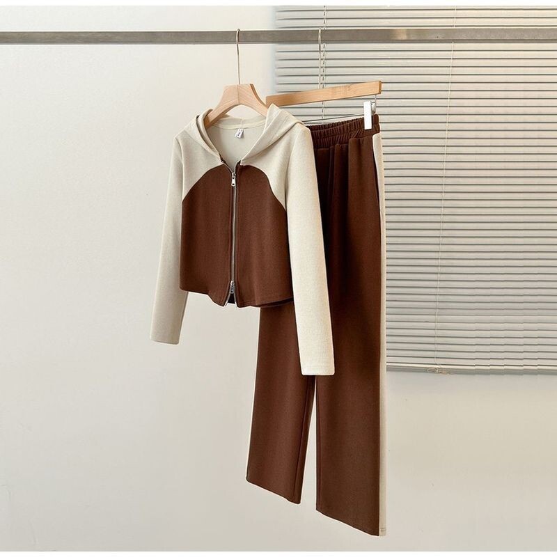 2024. gada rudens/ziema, jauns kokvilnas krekls ar kapuci, ikdienas platas bikses, divdaļīgs komplekts, moderns sieviešu bikšu komplekts.